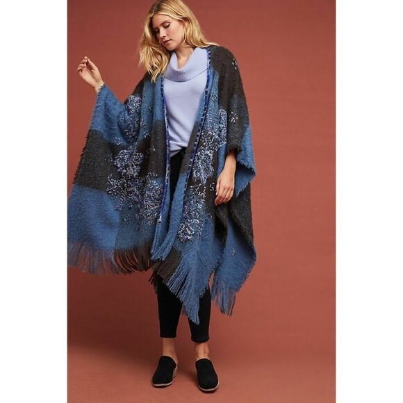 Anthropologie Sweaters - Anthropologie Blue Embroidered Floral Kimono Sweater Wrap Poncho OS NWT $248